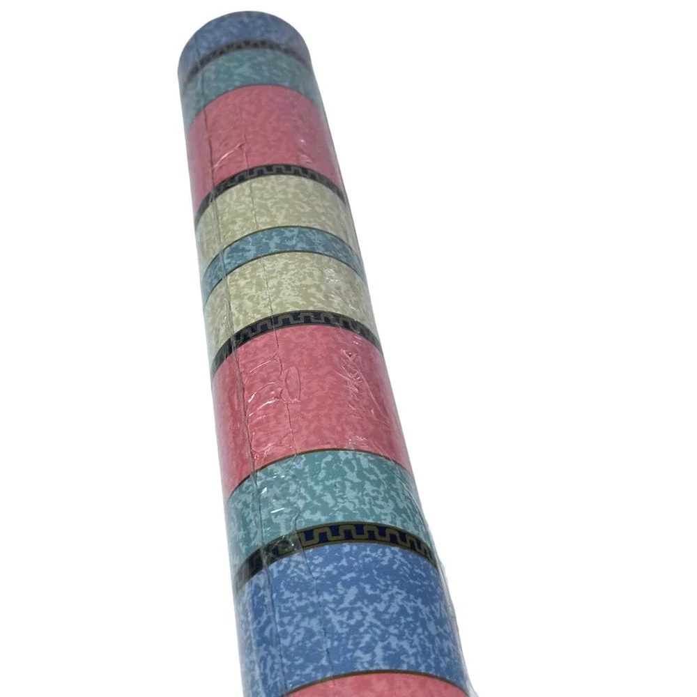 Birge Vintage Wallpaper Striped Pink Blue Pastels Gold Greek Key 55.4 sq ft New